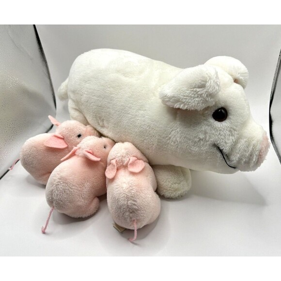 Vintage Dakin Plush White Pig with 3 Pink Piglet Babies Stuffed Animal 17” 1980s - Picture 2 of 16